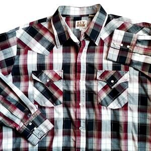 Ely Cattleman Men's Pearl Snap Plaid Western Shirt Metallic Thread Red Blk Sz XL